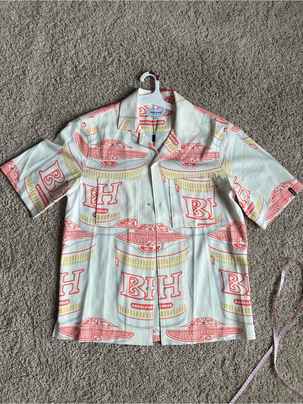 BOBBLEHAUS White Button-Down Shirt with Red and Yellow Cup O Noodles Print